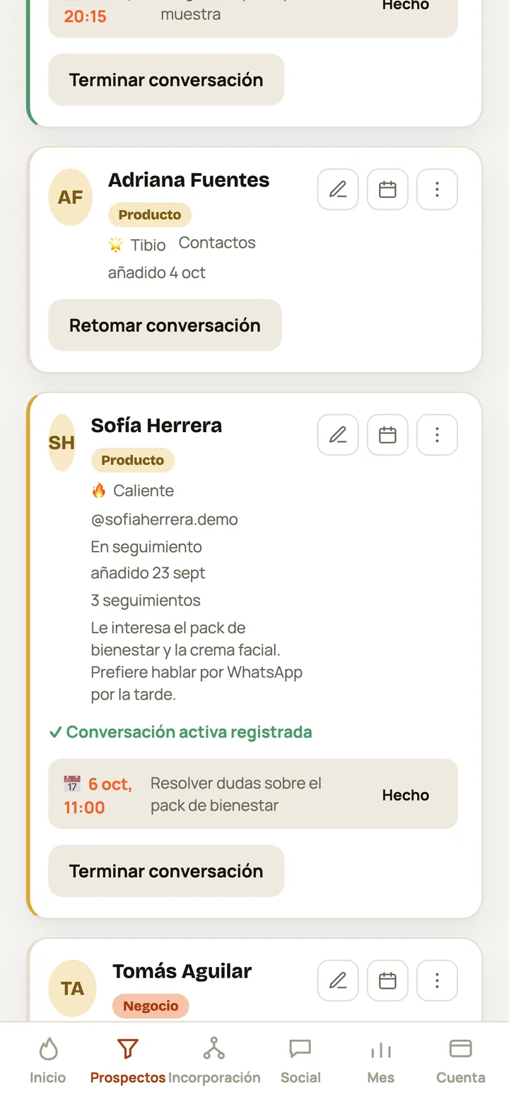 Pantalla de CIVENDI: Cada contacto con su próximo paso