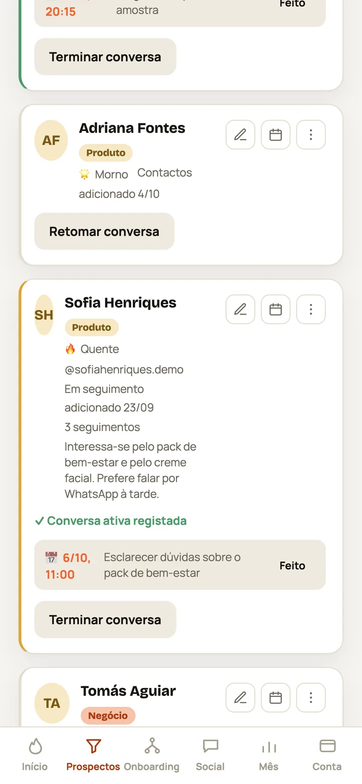 Ecrã do CIVENDI: Cada contacto com o próximo passo